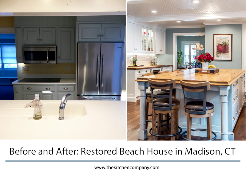 before and after of restored beach house in Madison, CT